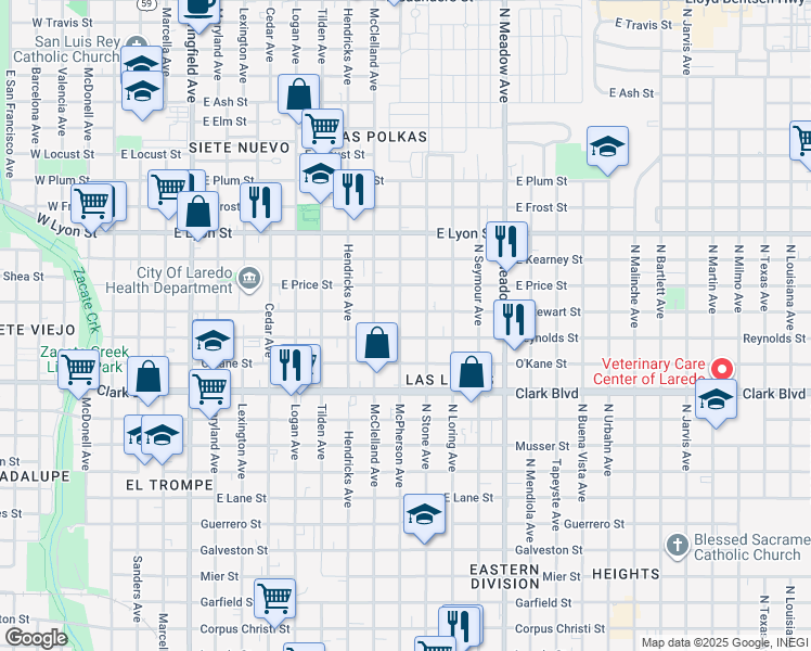 map of restaurants, bars, coffee shops, grocery stores, and more near 2513 McPherson Avenue in Laredo