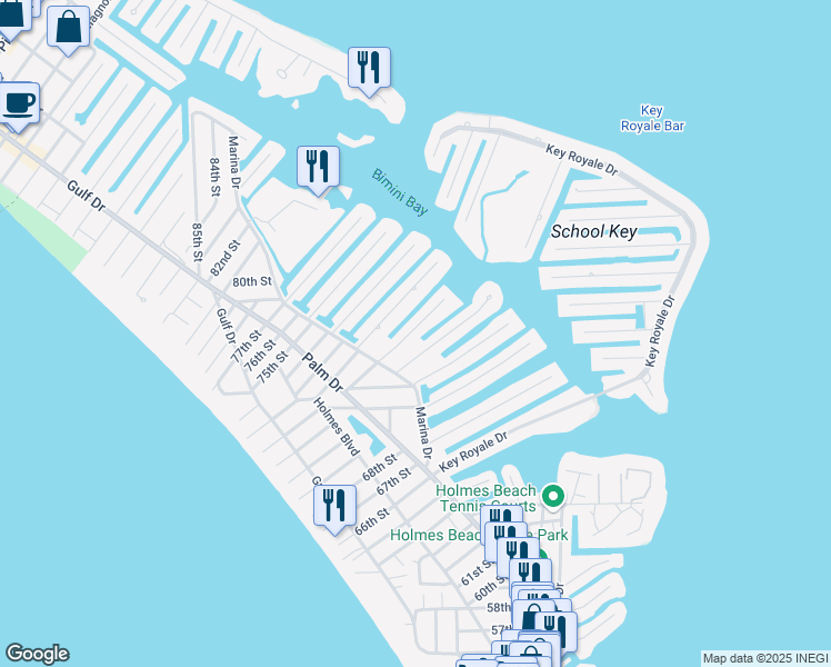 map of restaurants, bars, coffee shops, grocery stores, and more near 513 71st Street in Holmes Beach