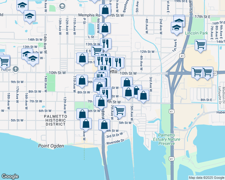 map of restaurants, bars, coffee shops, grocery stores, and more near 609 9th Street West in Palmetto