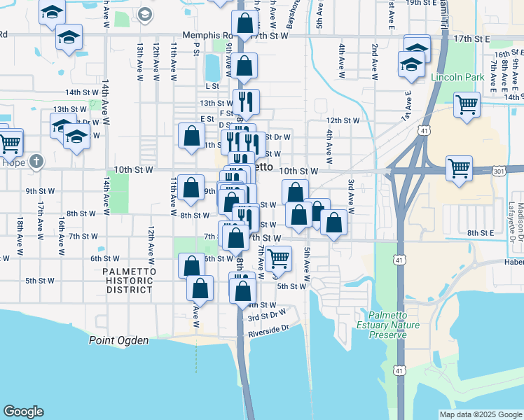 map of restaurants, bars, coffee shops, grocery stores, and more near 609 9th Street West in Palmetto
