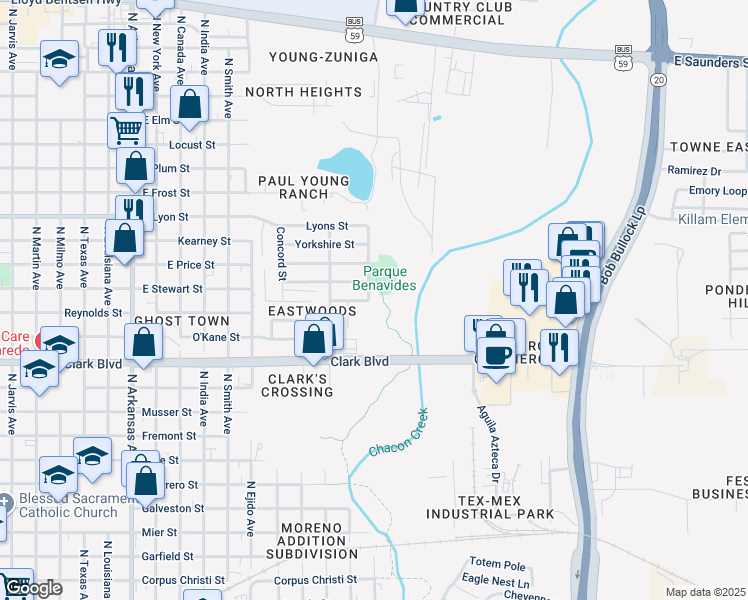 map of restaurants, bars, coffee shops, grocery stores, and more near 2503 Derby Avenue in Laredo
