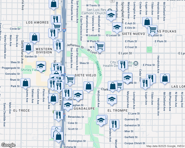 map of restaurants, bars, coffee shops, grocery stores, and more near 202 Gonzalez Street in Laredo