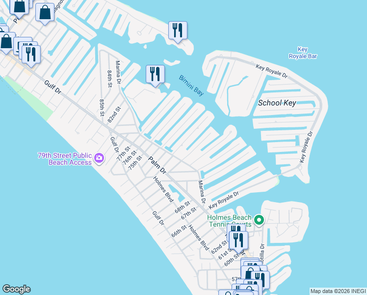 map of restaurants, bars, coffee shops, grocery stores, and more near 507 72nd Street in Holmes Beach