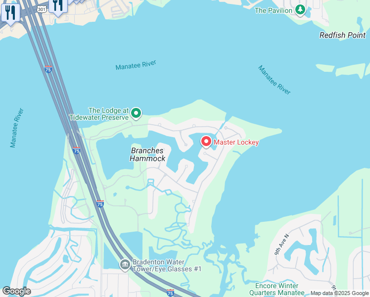 map of restaurants, bars, coffee shops, grocery stores, and more near 1237 Tidewater Court in Bradenton