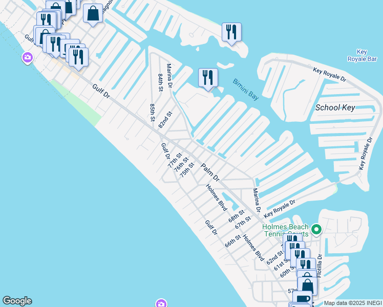map of restaurants, bars, coffee shops, grocery stores, and more near 213 77th Street in Holmes Beach