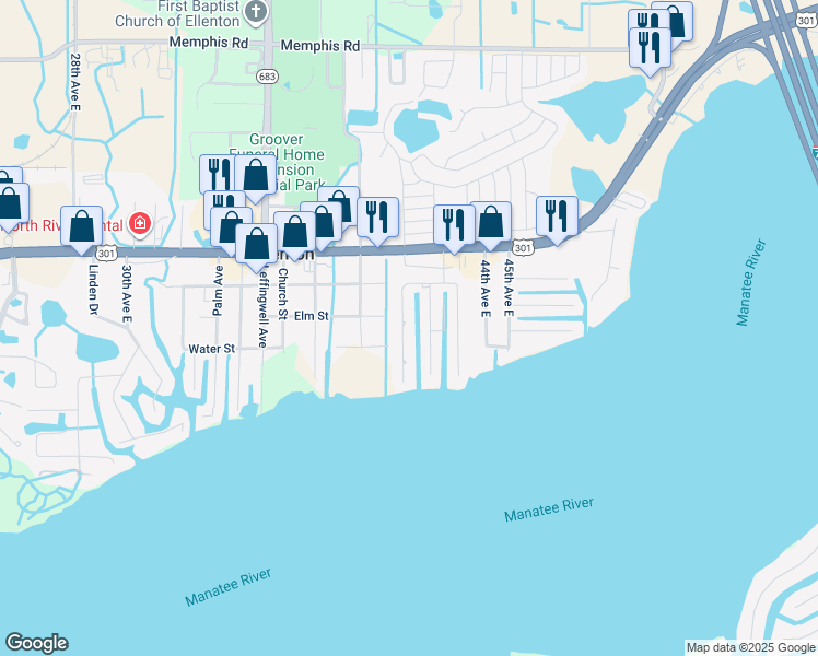 map of restaurants, bars, coffee shops, grocery stores, and more near 712 Ixora Avenue in Ellenton