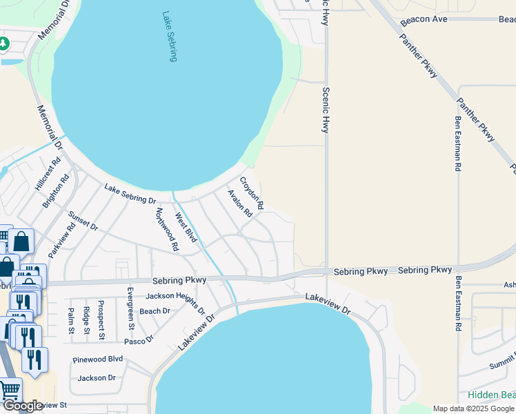 map of restaurants, bars, coffee shops, grocery stores, and more near 2316 Avalon Road in Sebring