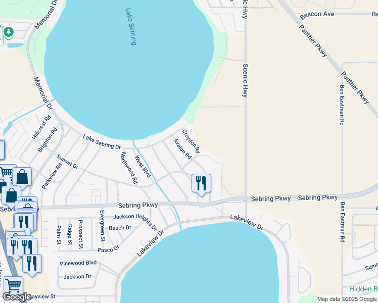 map of restaurants, bars, coffee shops, grocery stores, and more near 2316 Avalon Road in Sebring