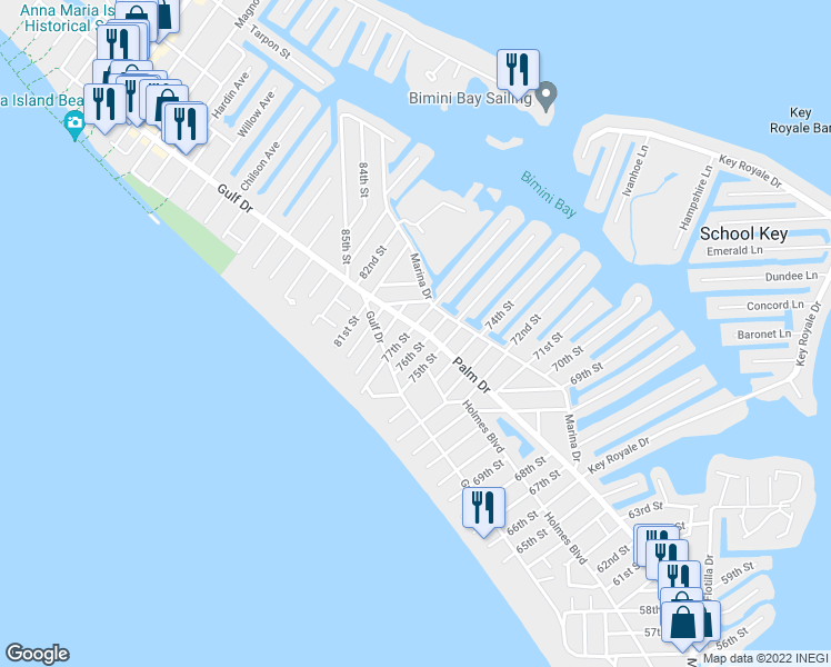 map of restaurants, bars, coffee shops, grocery stores, and more near 213 77th Street in Holmes Beach