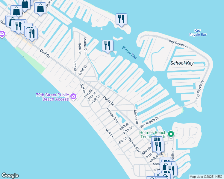 map of restaurants, bars, coffee shops, grocery stores, and more near 501 74th Street in Holmes Beach