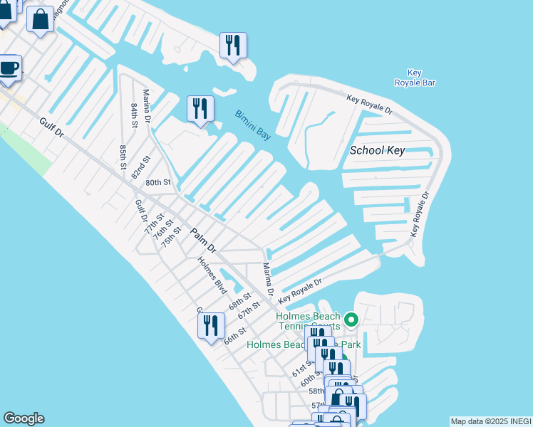 map of restaurants, bars, coffee shops, grocery stores, and more near 513 71st Street in Holmes Beach