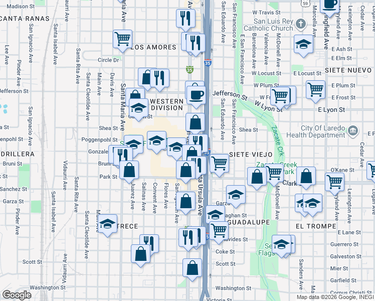 map of restaurants, bars, coffee shops, grocery stores, and more near 800 Gonzalez Street in Laredo