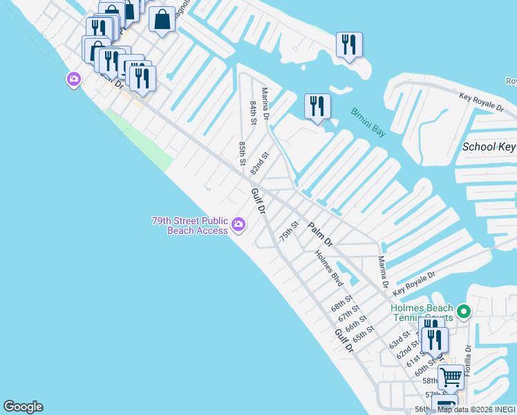map of restaurants, bars, coffee shops, grocery stores, and more near 7800 Gulf Drive in Holmes Beach
