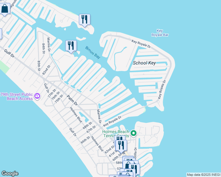 map of restaurants, bars, coffee shops, grocery stores, and more near 521 70th Street in Holmes Beach