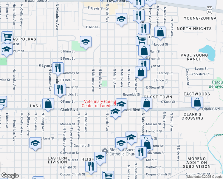 map of restaurants, bars, coffee shops, grocery stores, and more near 2318 Reynolds Street in Laredo