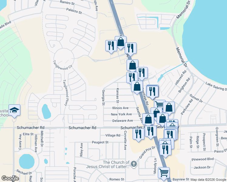map of restaurants, bars, coffee shops, grocery stores, and more near 3534 Maine Avenue in Sebring