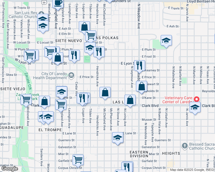 map of restaurants, bars, coffee shops, grocery stores, and more near 2513 McPherson Avenue in Laredo