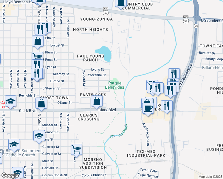 map of restaurants, bars, coffee shops, grocery stores, and more near 2503 Derby Street in Laredo