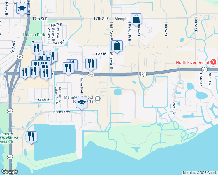 map of restaurants, bars, coffee shops, grocery stores, and more near 810 16th Avenue West in Palmetto