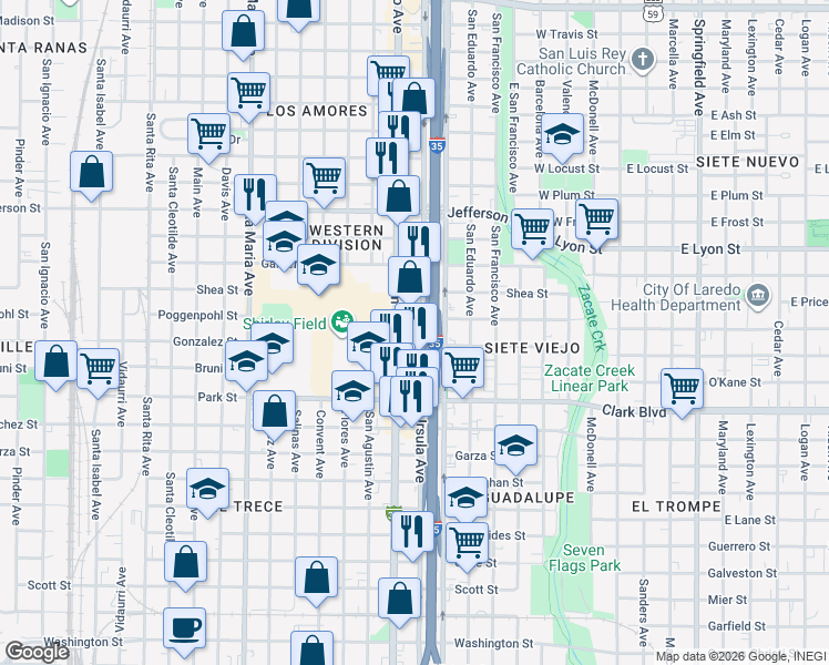 map of restaurants, bars, coffee shops, grocery stores, and more near 800-898 Gonzalez Street in Laredo
