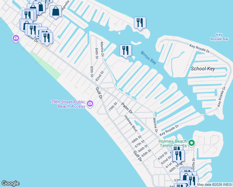 map of restaurants, bars, coffee shops, grocery stores, and more near 403 75th Street in Holmes Beach