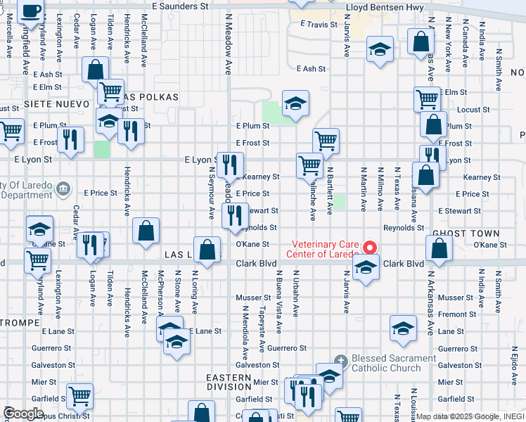 map of restaurants, bars, coffee shops, grocery stores, and more near 1720 Reynolds Street in Laredo