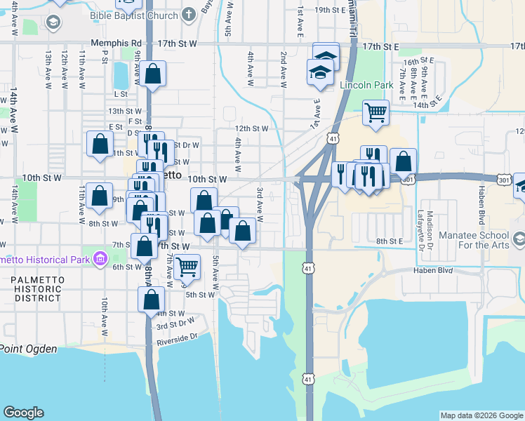 map of restaurants, bars, coffee shops, grocery stores, and more near 245 9th Street West in Palmetto