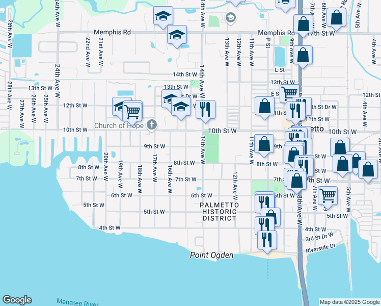 map of restaurants, bars, coffee shops, grocery stores, and more near 800 15th Avenue West in Palmetto