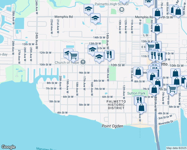 map of restaurants, bars, coffee shops, grocery stores, and more near 810 16th Avenue West in Palmetto