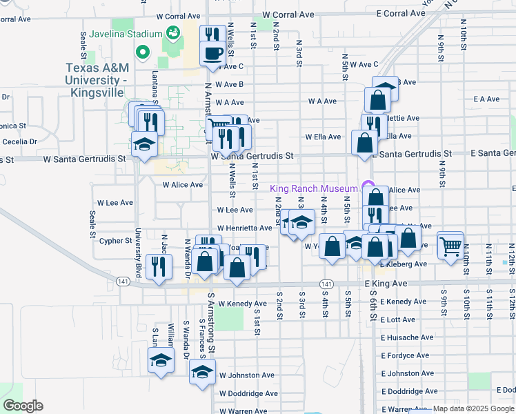 map of restaurants, bars, coffee shops, grocery stores, and more near 603 West Alice Avenue in Kingsville