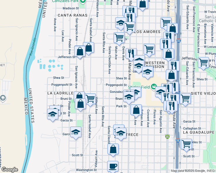map of restaurants, bars, coffee shops, grocery stores, and more near 2309 Santa Cleotilde Avenue in Laredo