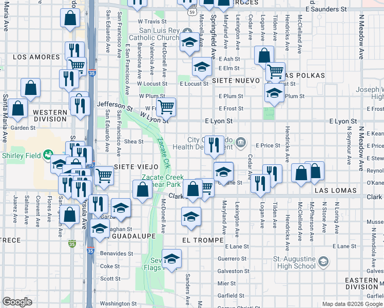 map of restaurants, bars, coffee shops, grocery stores, and more near 2702 Sanders Avenue in Laredo