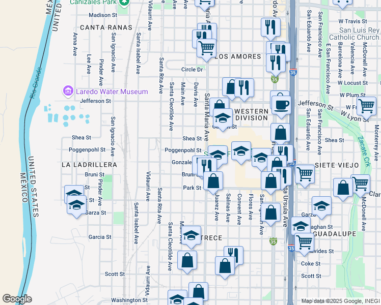 map of restaurants, bars, coffee shops, grocery stores, and more near 2310 Davis Avenue in Laredo