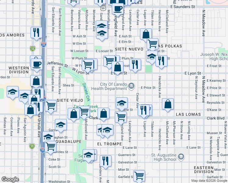 map of restaurants, bars, coffee shops, grocery stores, and more near 2610 Springfield Avenue in Laredo