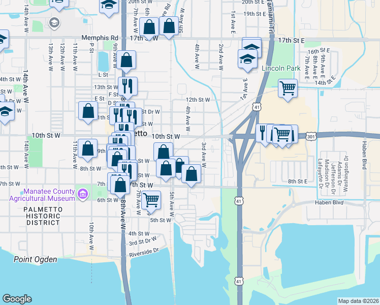 map of restaurants, bars, coffee shops, grocery stores, and more near 320 9th Street Drive West in Palmetto