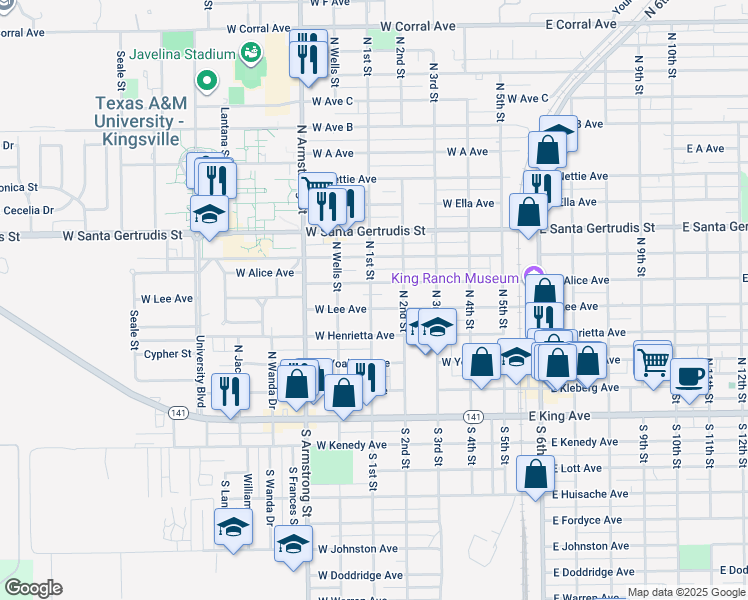 map of restaurants, bars, coffee shops, grocery stores, and more near 603 West Alice Avenue in Kingsville