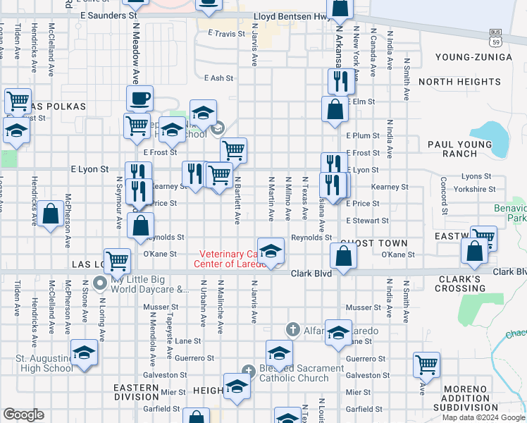 map of restaurants, bars, coffee shops, grocery stores, and more near 2320 East Stewart Street in Laredo
