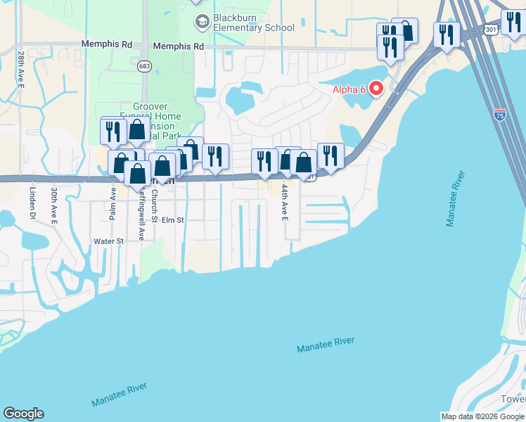 map of restaurants, bars, coffee shops, grocery stores, and more near 4215 9th Street East in Ellenton