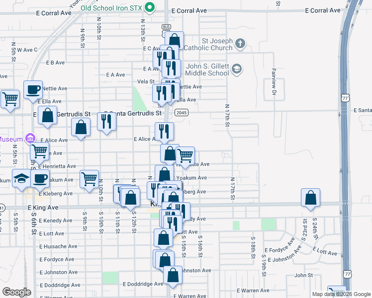 map of restaurants, bars, coffee shops, grocery stores, and more near 1118 East Lee Avenue in Kingsville