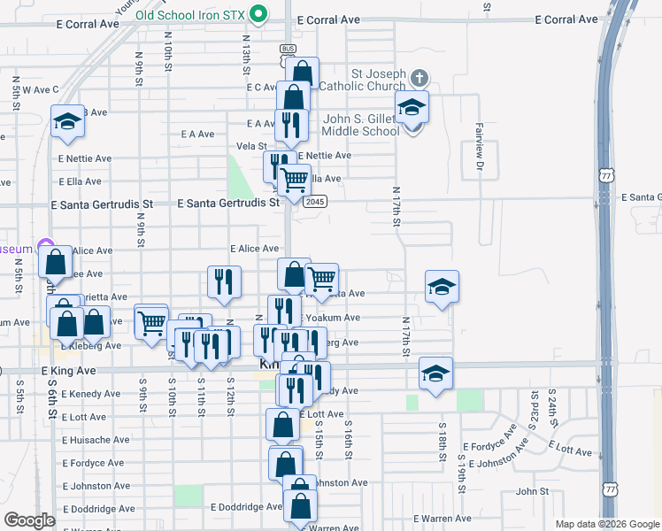 map of restaurants, bars, coffee shops, grocery stores, and more near 1118 East Lee Avenue in Kingsville