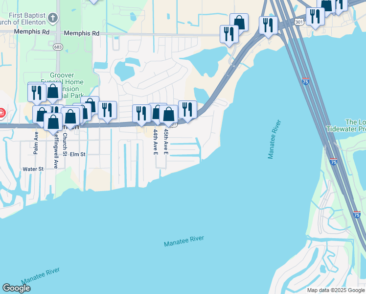 map of restaurants, bars, coffee shops, grocery stores, and more near 4709 9th Street East in Ellenton