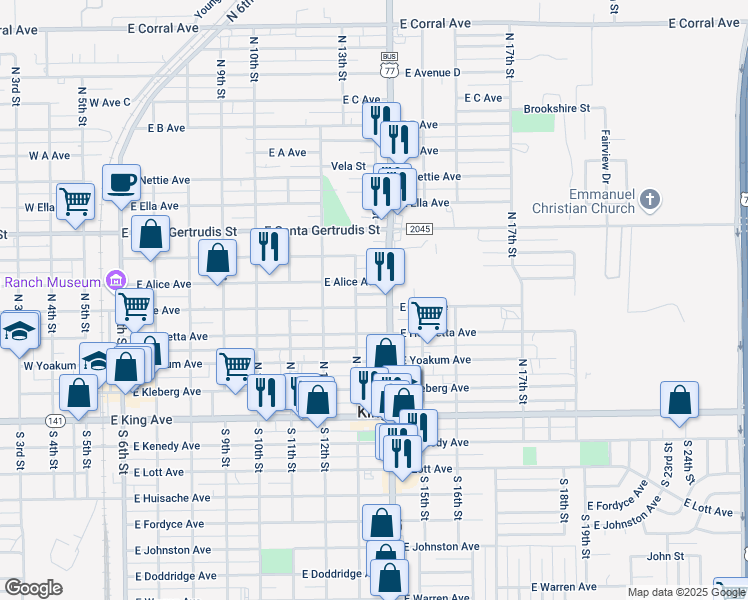 map of restaurants, bars, coffee shops, grocery stores, and more near 915 East Alice Avenue in Kingsville