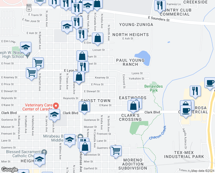 map of restaurants, bars, coffee shops, grocery stores, and more near 2620 North Smith Avenue in Laredo