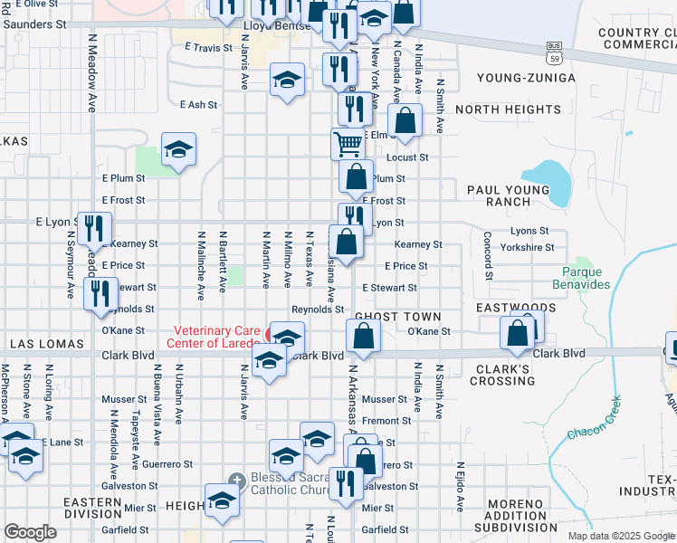map of restaurants, bars, coffee shops, grocery stores, and more near 2701-2705 N Arkansas Ave in Laredo