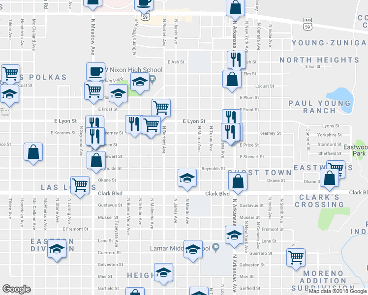 map of restaurants, bars, coffee shops, grocery stores, and more near 2320 East Stewart Street in Laredo