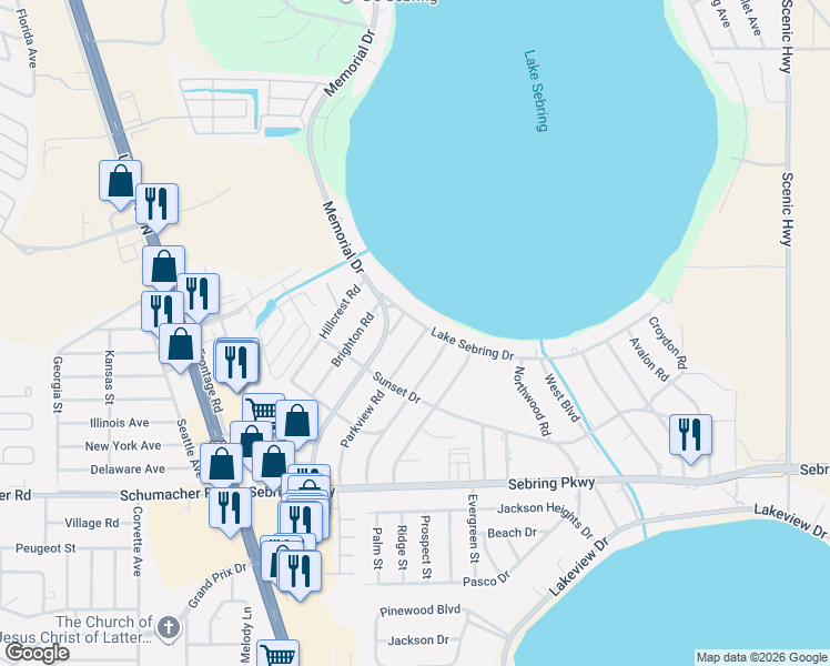 map of restaurants, bars, coffee shops, grocery stores, and more near 1022-1026 Lake Sebring Drive in Sebring