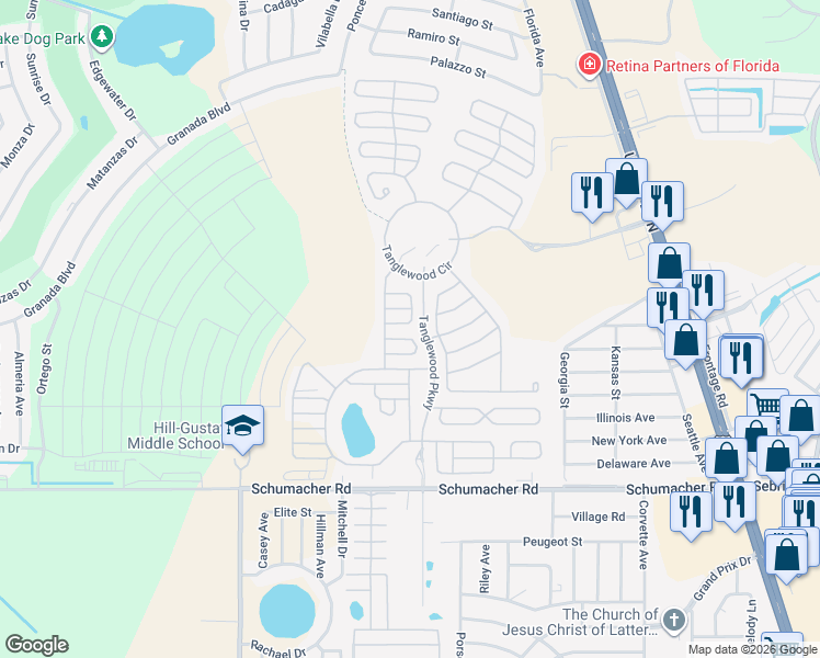 map of restaurants, bars, coffee shops, grocery stores, and more near 1100-1148 Shadow Ridge Drive in Sebring