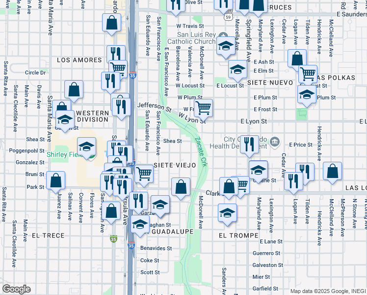 map of restaurants, bars, coffee shops, grocery stores, and more near 2318 San Leonardo Avenue in Laredo