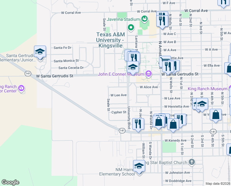 map of restaurants, bars, coffee shops, grocery stores, and more near 1210 West Lee Avenue in Kingsville