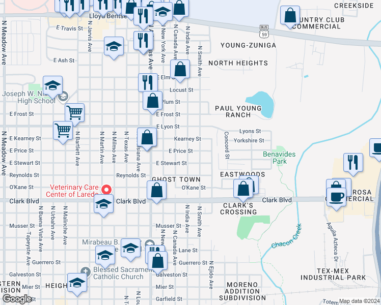 map of restaurants, bars, coffee shops, grocery stores, and more near 3020 East Price Street in Laredo